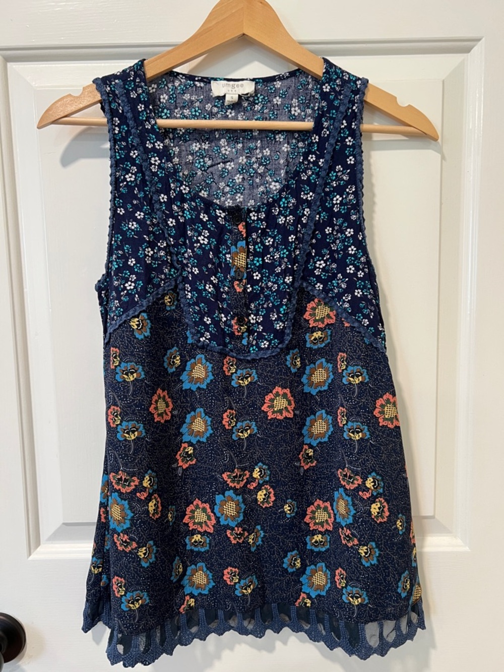 Umgee Navy Floral Crochet-Trim Sleeveless Tank